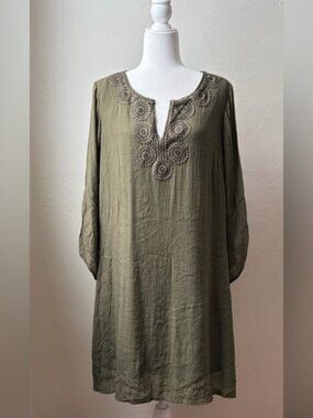 Indigo Rose Olive Embroidered Boho Tunic Dress Flowy Sleeve 2X